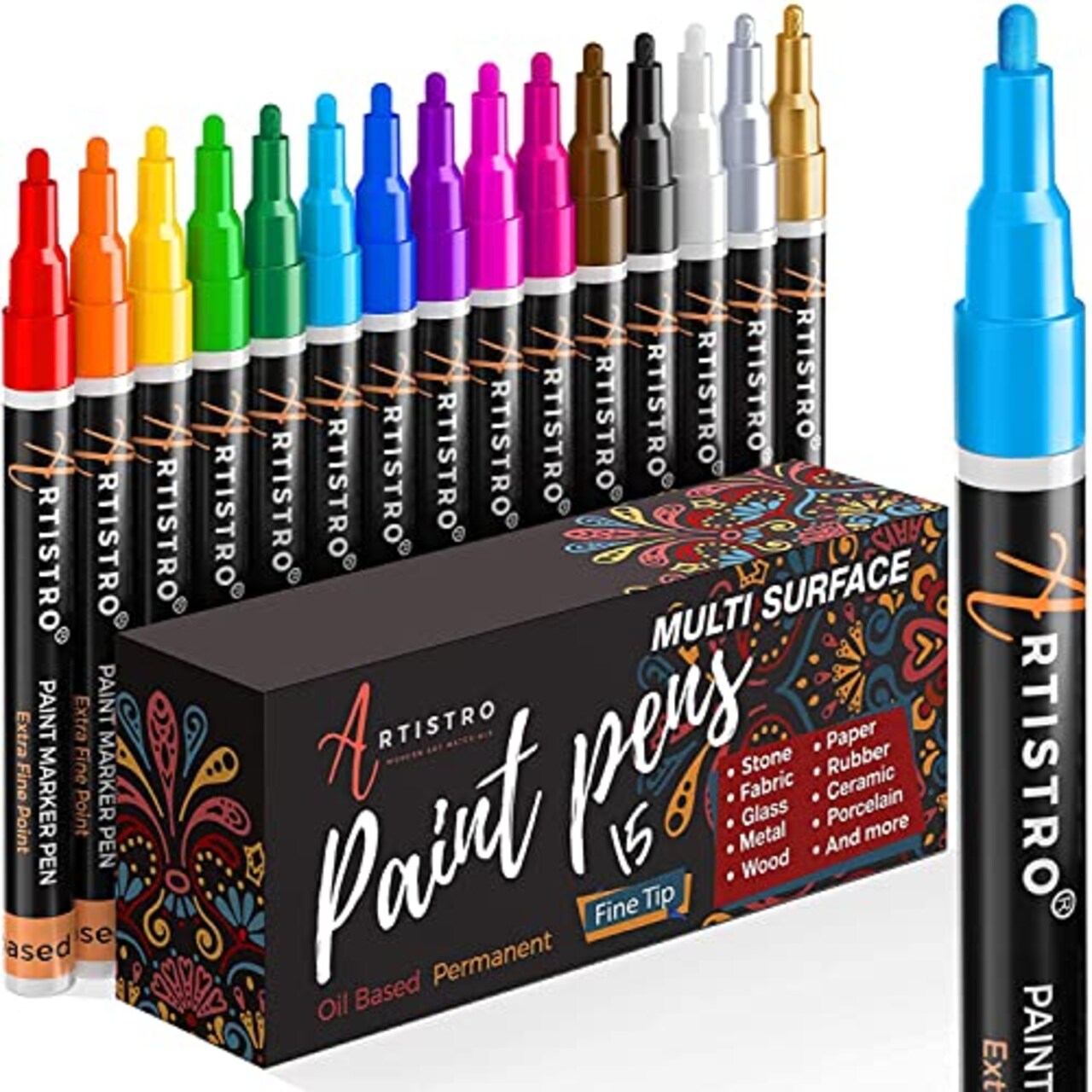 ARTISTRO 15 Oil Based Paint markers for Wood, Rock, Fabric, Glass -  Permanent, Quick Dry, Waterproof - Oil paint pens for Ceramic, Mugs, Metal,  Plastic - 1mm Fine Tip